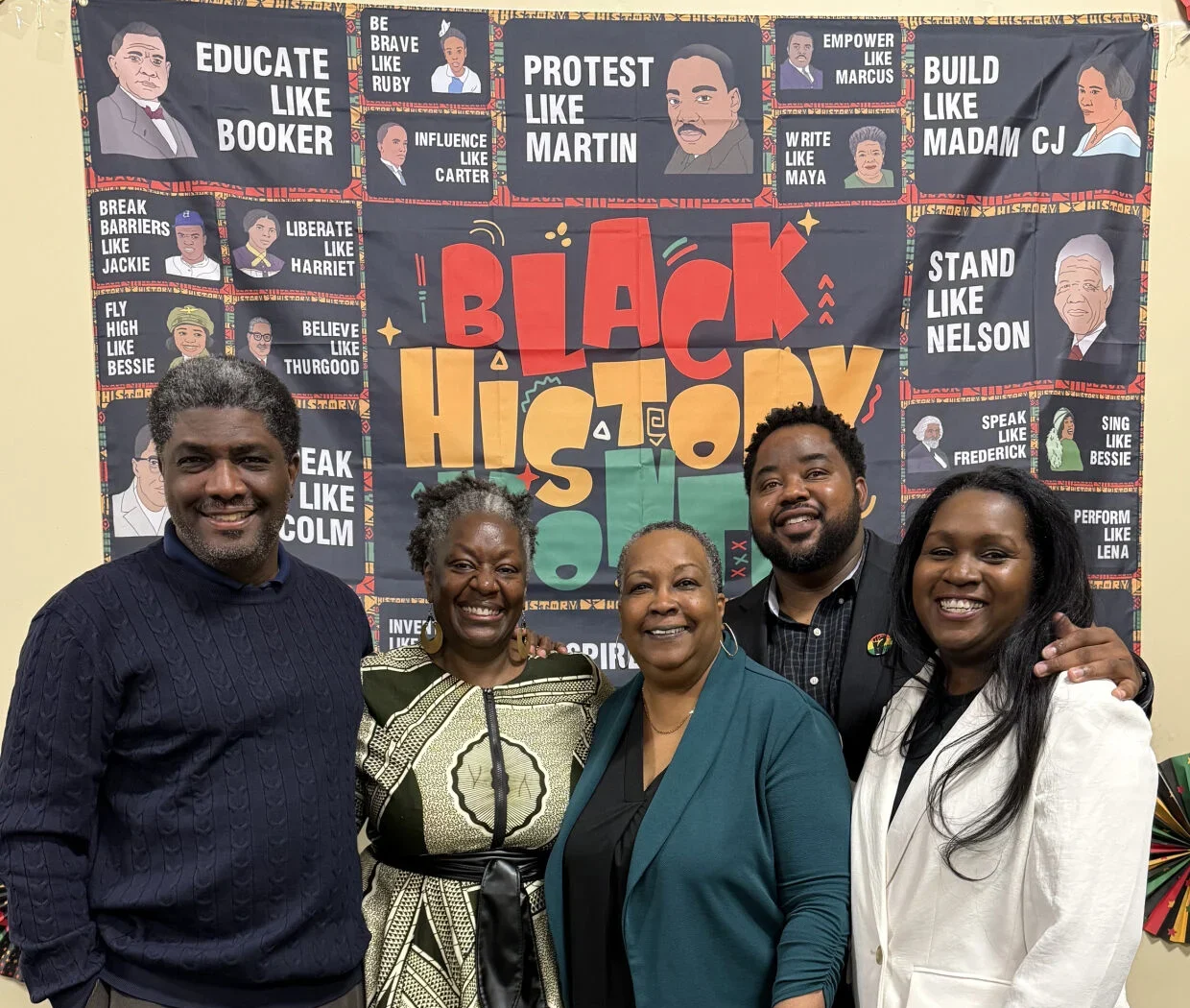 Speakers shown (from left) are Charles Williams, English professor at Chaffey College; Jill Grayson, education consultant and Pan African Studies Support Coordinator at Cal State Los Angeles; Brenda Walker of Chino Hills, an educational specialist and former ACT president; Rev. Harlan Redmond, a Presbyterian pastor; and Nanyamka Redmond, Ph.D. in clinical psychology.