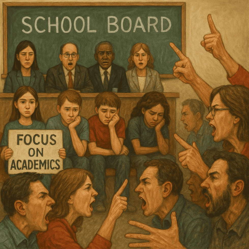cartoon depicting parents yelling at each other while students look sad and depressed because their school board is bad