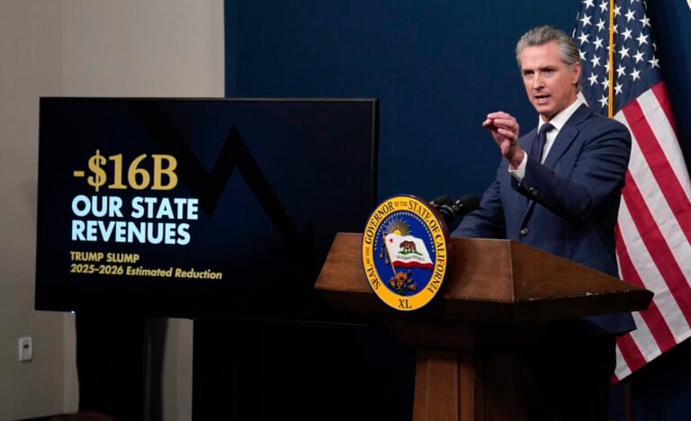 CORRECTS BUDGET DATES Calif. Gov. Gavin Newsom presents his revised 2025-2026 state budget during a news conference in Sacramento, Calif., Wednesday, May 14, 2025. (AP Photo/Rich Pedroncelli)
