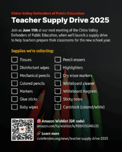 chino valley defenders of public education teacher supply drive infographic